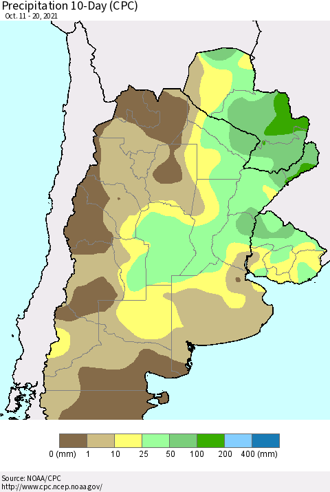 Southern South America Precipitation 10-Day (CPC) Thematic Map For 10/11/2021 - 10/20/2021