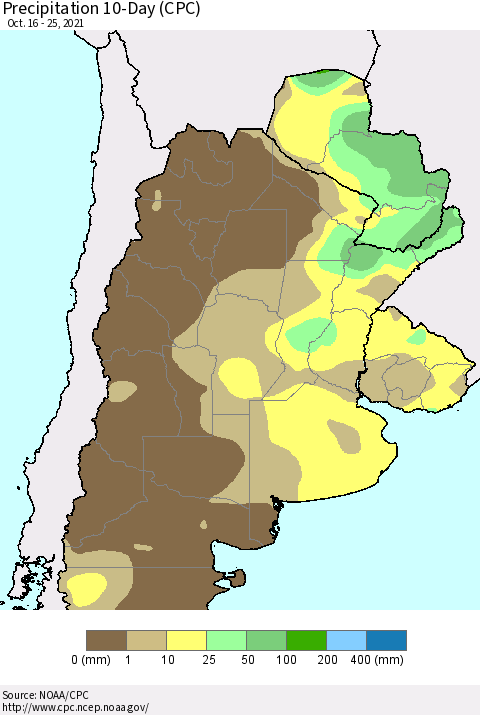 Southern South America Precipitation 10-Day (CPC) Thematic Map For 10/16/2021 - 10/25/2021