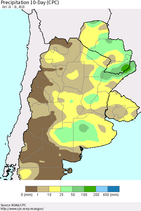 Southern South America Precipitation 10-Day (CPC) Thematic Map For 10/21/2021 - 10/31/2021