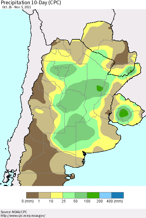 Southern South America Precipitation 10-Day (CPC) Thematic Map For 10/26/2021 - 11/5/2021