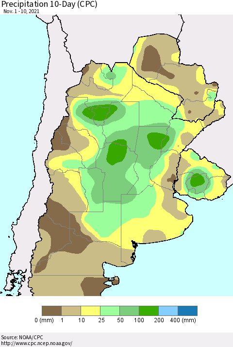 Southern South America Precipitation 10-Day (CPC) Thematic Map For 11/1/2021 - 11/10/2021