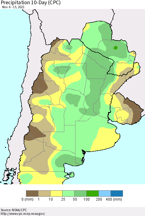 Southern South America Precipitation 10-Day (CPC) Thematic Map For 11/6/2021 - 11/15/2021