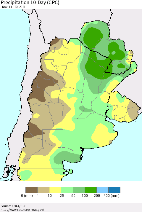 Southern South America Precipitation 10-Day (CPC) Thematic Map For 11/11/2021 - 11/20/2021