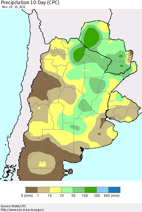 Southern South America Precipitation 10-Day (CPC) Thematic Map For 11/16/2021 - 11/25/2021