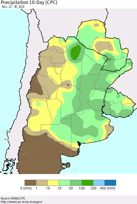 Southern South America Precipitation 10-Day (CPC) Thematic Map For 11/21/2021 - 11/30/2021