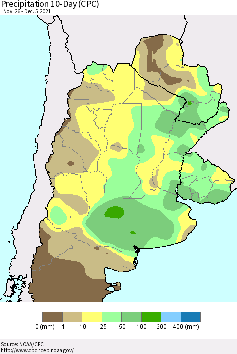 Southern South America Precipitation 10-Day (CPC) Thematic Map For 11/26/2021 - 12/5/2021