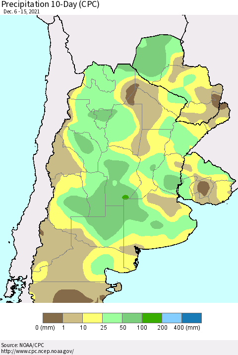 Southern South America Precipitation 10-Day (CPC) Thematic Map For 12/6/2021 - 12/15/2021