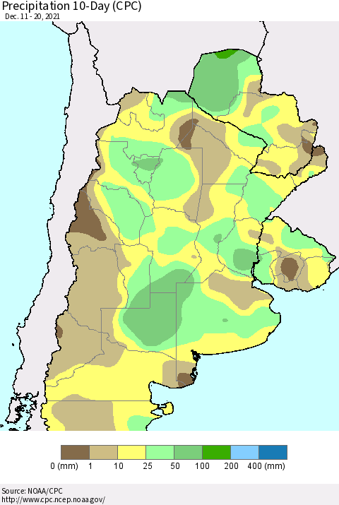 Southern South America Precipitation 10-Day (CPC) Thematic Map For 12/11/2021 - 12/20/2021
