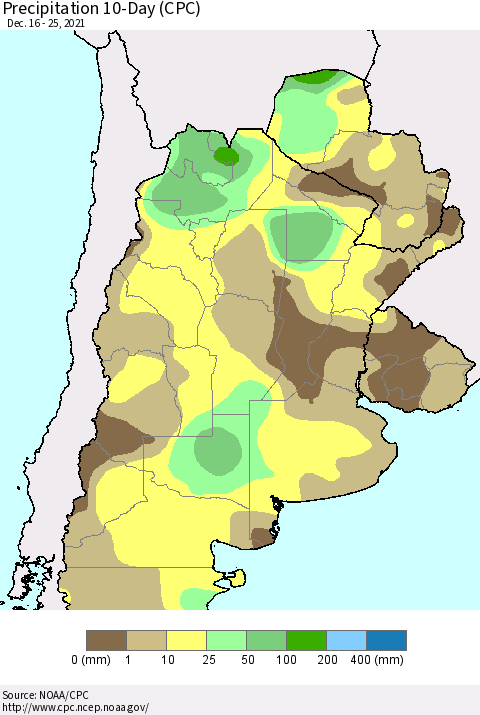 Southern South America Precipitation 10-Day (CPC) Thematic Map For 12/16/2021 - 12/25/2021