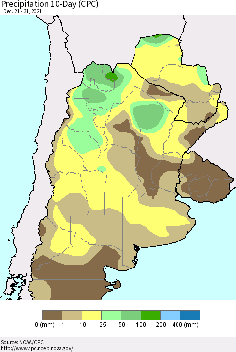 Southern South America Precipitation 10-Day (CPC) Thematic Map For 12/21/2021 - 12/31/2021