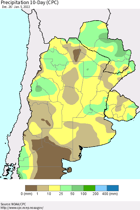 Southern South America Precipitation 10-Day (CPC) Thematic Map For 12/26/2021 - 1/5/2022