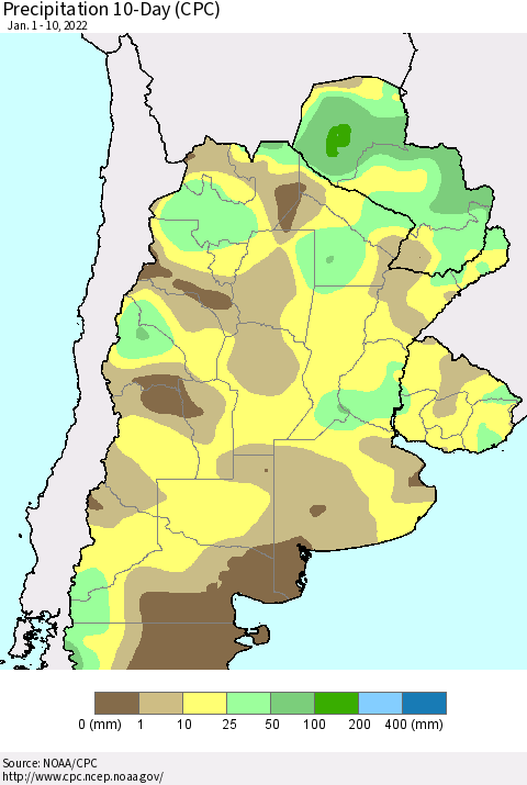 Southern South America Precipitation 10-Day (CPC) Thematic Map For 1/1/2022 - 1/10/2022