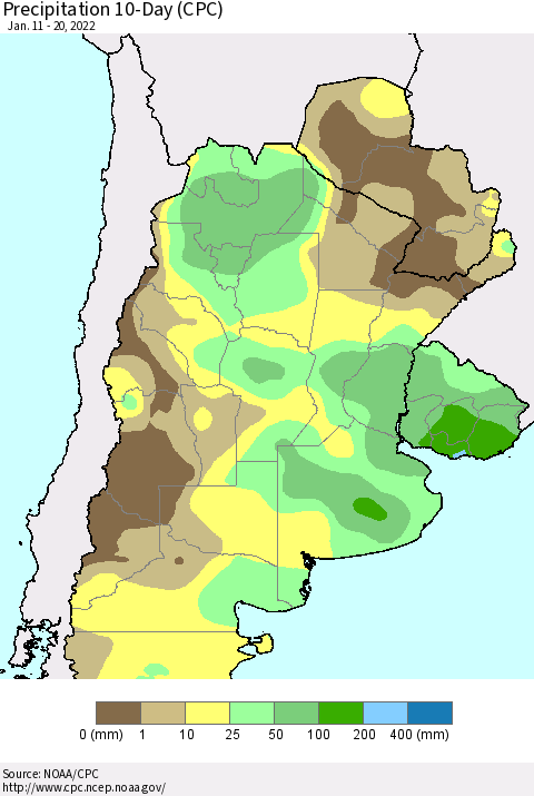 Southern South America Precipitation 10-Day (CPC) Thematic Map For 1/11/2022 - 1/20/2022