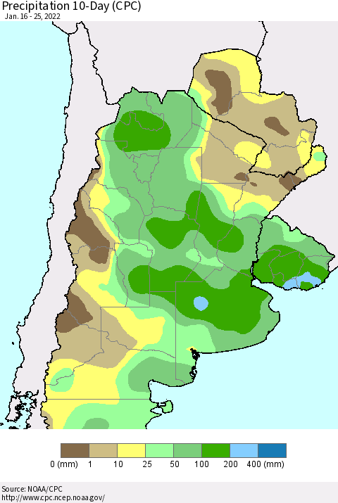 Southern South America Precipitation 10-Day (CPC) Thematic Map For 1/16/2022 - 1/25/2022