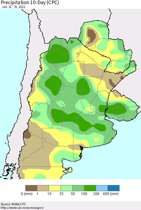 Southern South America Precipitation 10-Day (CPC) Thematic Map For 1/21/2022 - 1/31/2022