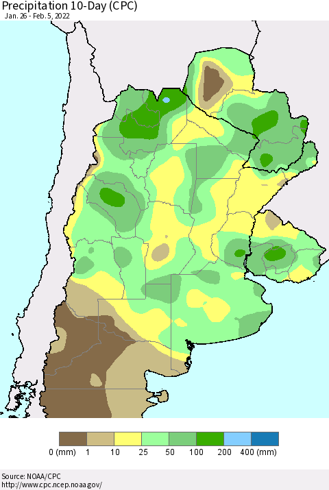Southern South America Precipitation 10-Day (CPC) Thematic Map For 1/26/2022 - 2/5/2022