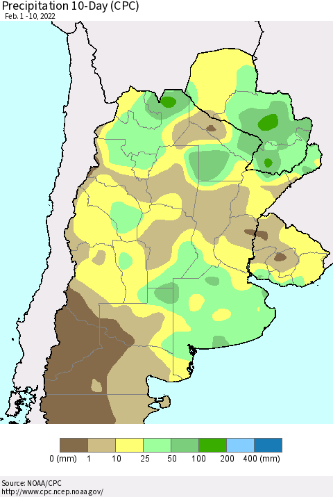 Southern South America Precipitation 10-Day (CPC) Thematic Map For 2/1/2022 - 2/10/2022