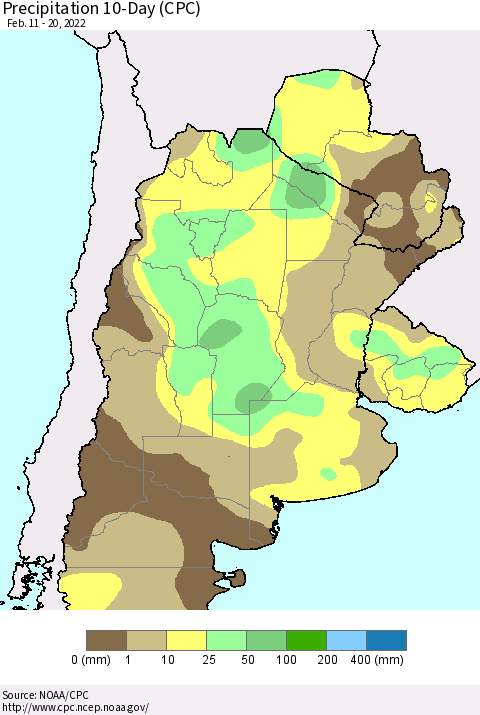 Southern South America Precipitation 10-Day (CPC) Thematic Map For 2/11/2022 - 2/20/2022