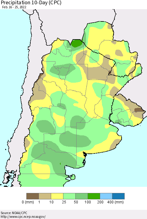 Southern South America Precipitation 10-Day (CPC) Thematic Map For 2/16/2022 - 2/25/2022