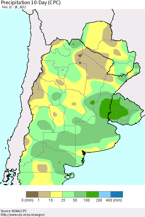 Southern South America Precipitation 10-Day (CPC) Thematic Map For 2/21/2022 - 2/28/2022
