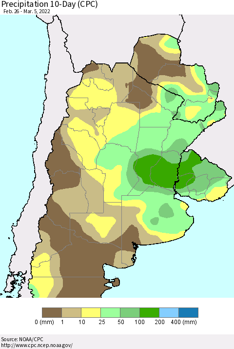 Southern South America Precipitation 10-Day (CPC) Thematic Map For 2/26/2022 - 3/5/2022