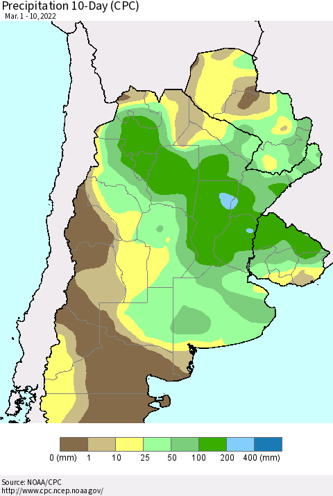 Southern South America Precipitation 10-Day (CPC) Thematic Map For 3/1/2022 - 3/10/2022