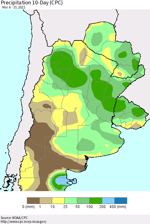 Southern South America Precipitation 10-Day (CPC) Thematic Map For 3/6/2022 - 3/15/2022