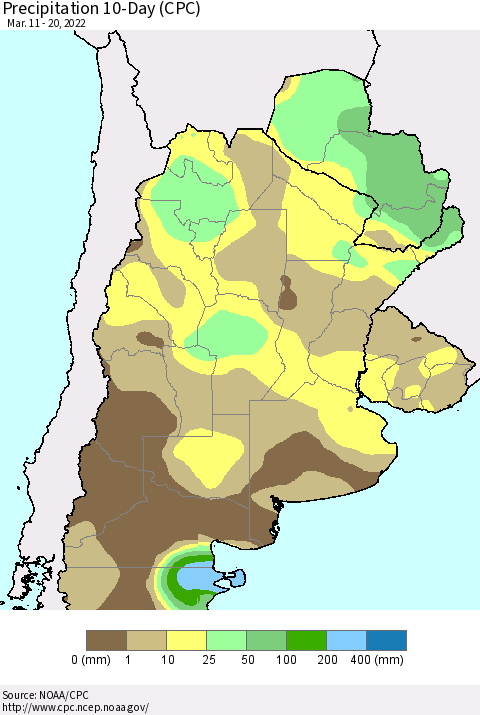 Southern South America Precipitation 10-Day (CPC) Thematic Map For 3/11/2022 - 3/20/2022