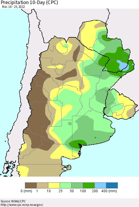 Southern South America Precipitation 10-Day (CPC) Thematic Map For 3/16/2022 - 3/25/2022