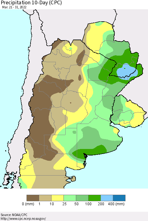 Southern South America Precipitation 10-Day (CPC) Thematic Map For 3/21/2022 - 3/31/2022
