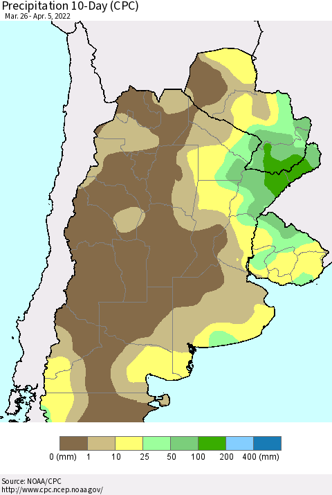 Southern South America Precipitation 10-Day (CPC) Thematic Map For 3/26/2022 - 4/5/2022