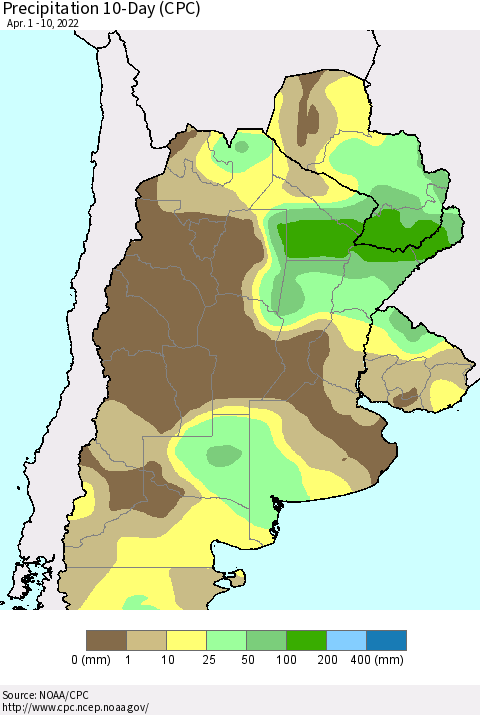 Southern South America Precipitation 10-Day (CPC) Thematic Map For 4/1/2022 - 4/10/2022