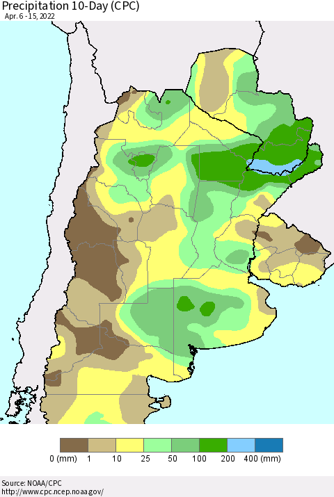 Southern South America Precipitation 10-Day (CPC) Thematic Map For 4/6/2022 - 4/15/2022