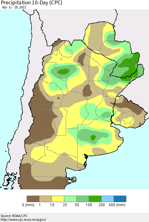 Southern South America Precipitation 10-Day (CPC) Thematic Map For 4/11/2022 - 4/20/2022