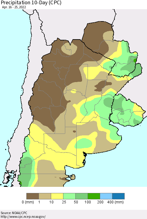 Southern South America Precipitation 10-Day (CPC) Thematic Map For 4/16/2022 - 4/25/2022