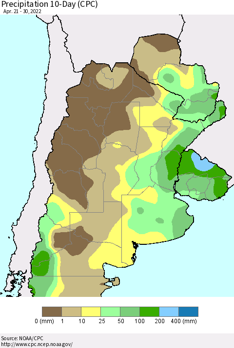 Southern South America Precipitation 10-Day (CPC) Thematic Map For 4/21/2022 - 4/30/2022