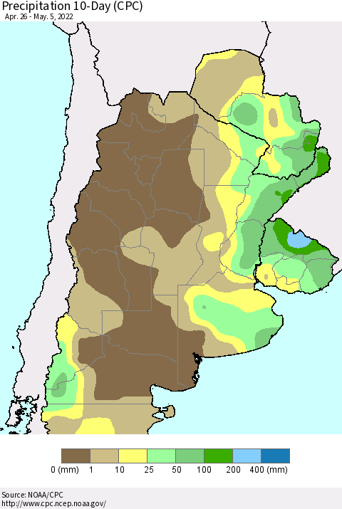 Southern South America Precipitation 10-Day (CPC) Thematic Map For 4/26/2022 - 5/5/2022