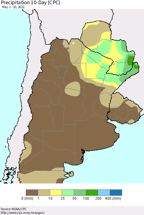 Southern South America Precipitation 10-Day (CPC) Thematic Map For 5/1/2022 - 5/10/2022