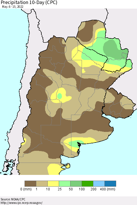 Southern South America Precipitation 10-Day (CPC) Thematic Map For 5/6/2022 - 5/15/2022