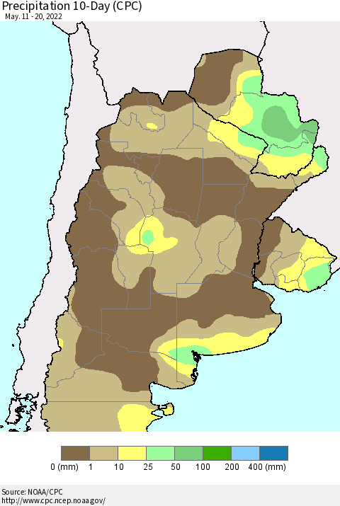 Southern South America Precipitation 10-Day (CPC) Thematic Map For 5/11/2022 - 5/20/2022