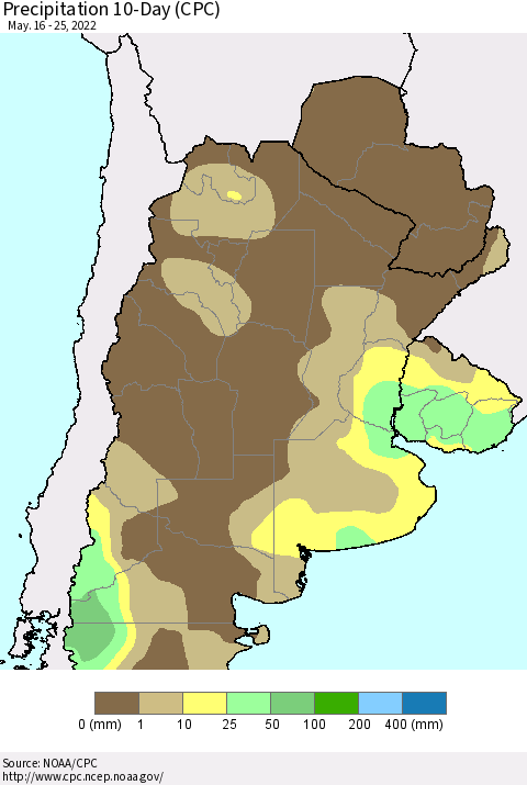 Southern South America Precipitation 10-Day (CPC) Thematic Map For 5/16/2022 - 5/25/2022