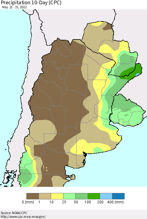 Southern South America Precipitation 10-Day (CPC) Thematic Map For 5/21/2022 - 5/31/2022