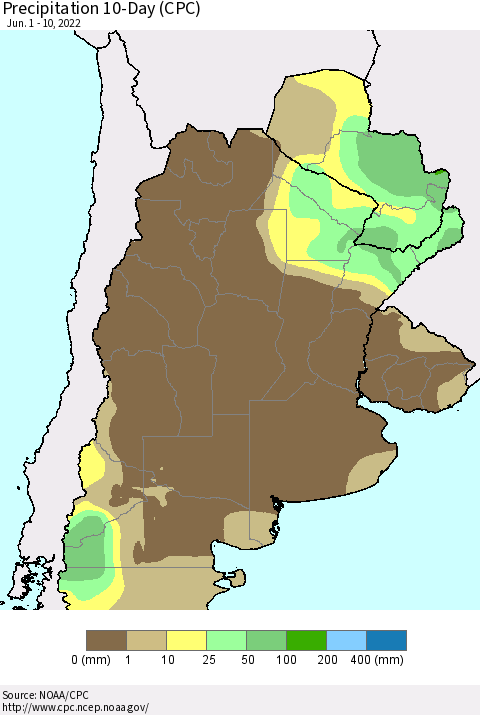 Southern South America Precipitation 10-Day (CPC) Thematic Map For 6/1/2022 - 6/10/2022