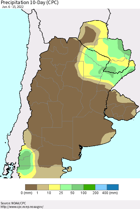 Southern South America Precipitation 10-Day (CPC) Thematic Map For 6/6/2022 - 6/15/2022
