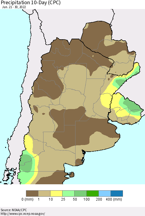 Southern South America Precipitation 10-Day (CPC) Thematic Map For 6/21/2022 - 6/30/2022