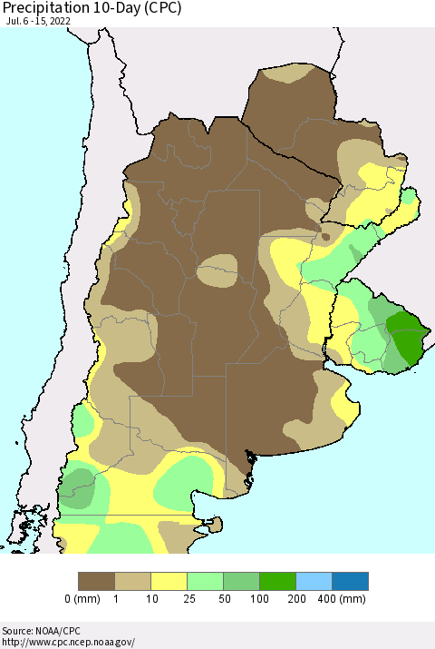 Southern South America Precipitation 10-Day (CPC) Thematic Map For 7/6/2022 - 7/15/2022