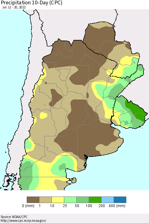 Southern South America Precipitation 10-Day (CPC) Thematic Map For 7/11/2022 - 7/20/2022