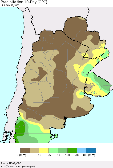 Southern South America Precipitation 10-Day (CPC) Thematic Map For 7/16/2022 - 7/25/2022