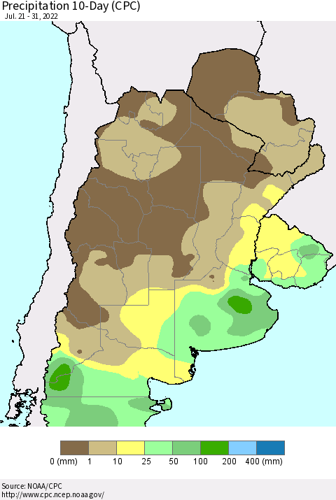 Southern South America Precipitation 10-Day (CPC) Thematic Map For 7/21/2022 - 7/31/2022