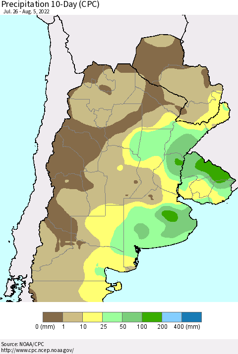 Southern South America Precipitation 10-Day (CPC) Thematic Map For 7/26/2022 - 8/5/2022